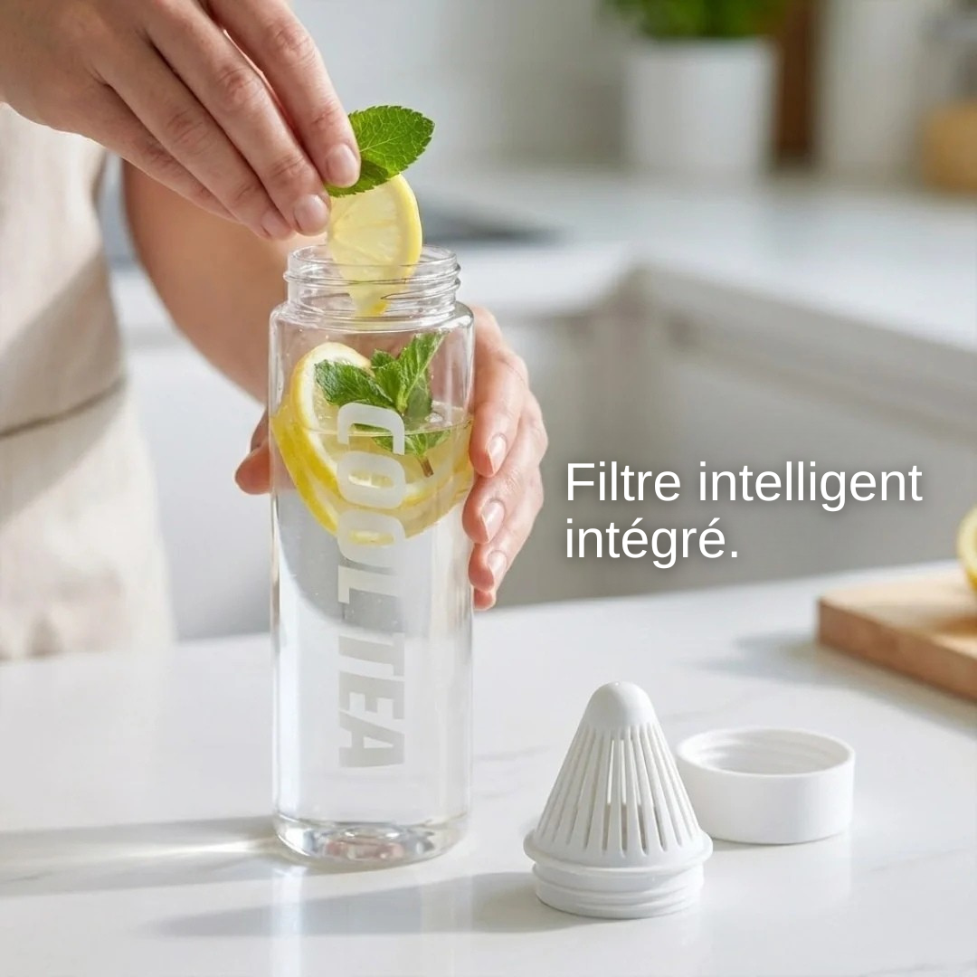 Portable bottle with integrated residue filter